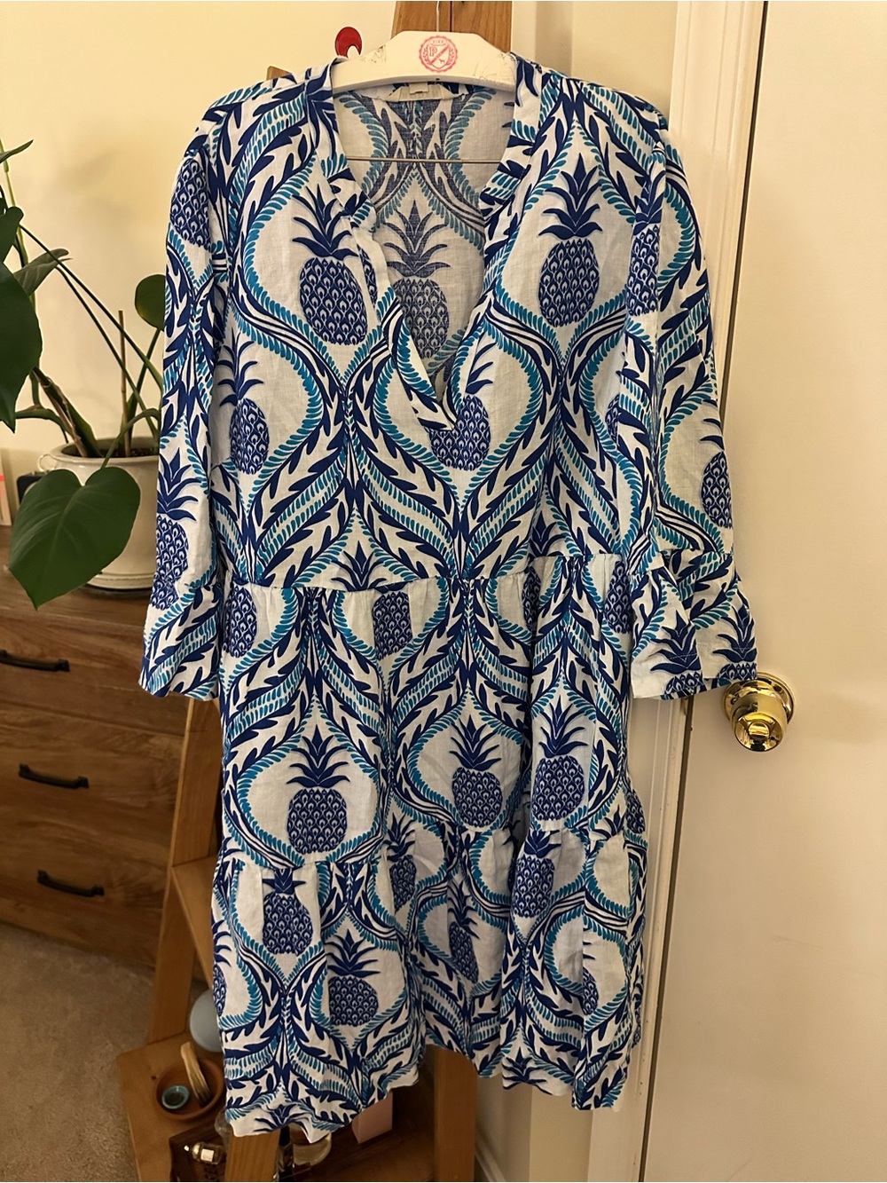 Boden Blue Pineapple-Print Tiered Midi Dress with Teal Accents